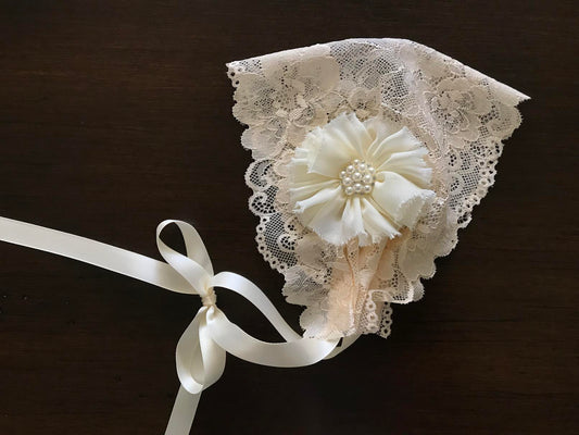 Champagne Baptism Bonnet and Ivory Flowers Baptism Sash