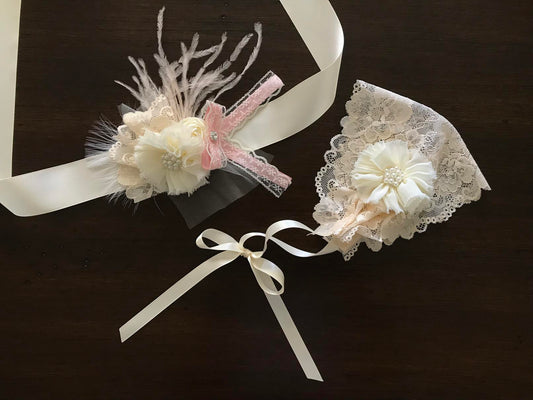 Champagne Baptism Bonnet and Ivory Flowers Baptism Sash