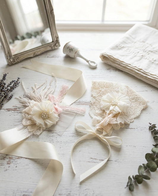 Champagne Baptism Bonnet and Ivory Flowers Baptism Sash