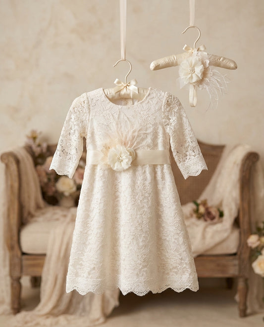 Champagne Bell Lace Christening Dress with Headband and Sash