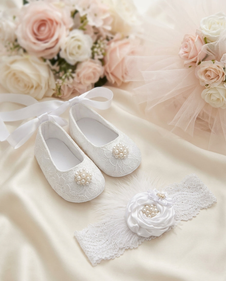 Ivory or White Baptism Crib Shoes & Rhinestone Headband Set