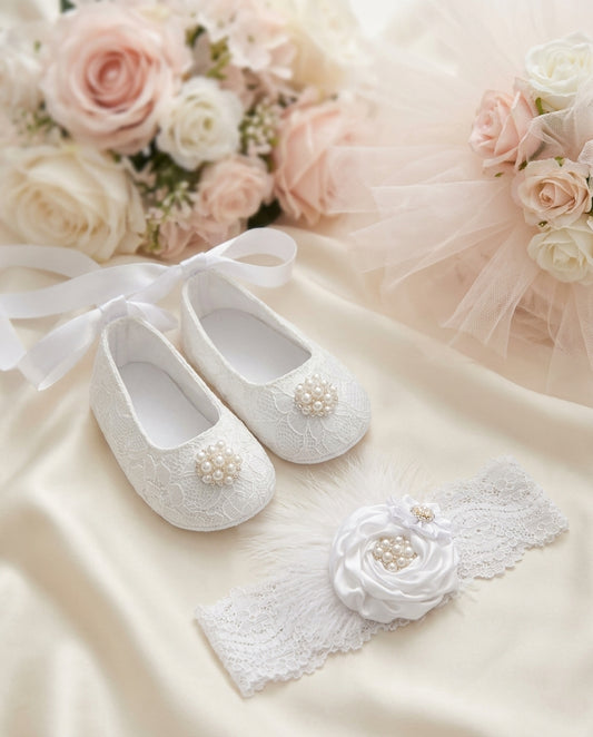 White Christening Crib Shoes & Rhinestone Headband Set