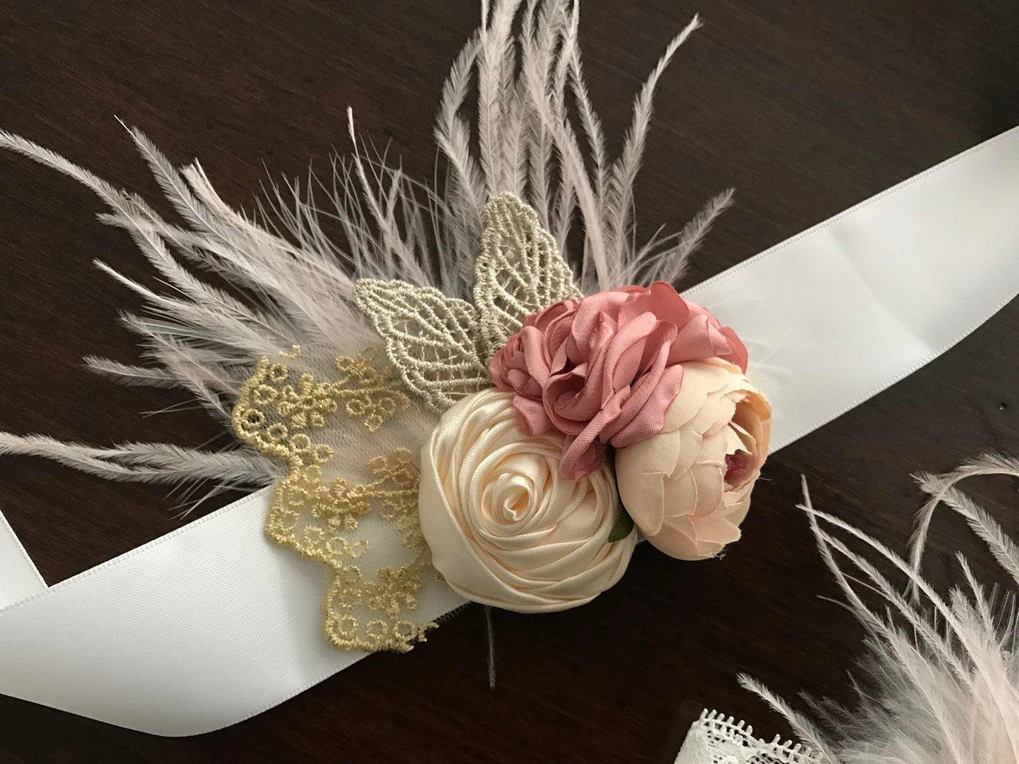 Dusty Rose & French Cream Flower Girl Headband and Sash