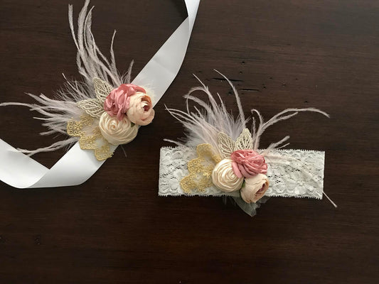 Dusty Rose & French Cream Flower Girl Headband and Sash