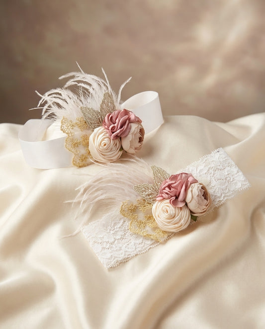 Dusty Rose & French Cream Flower Girl Headband and Sash