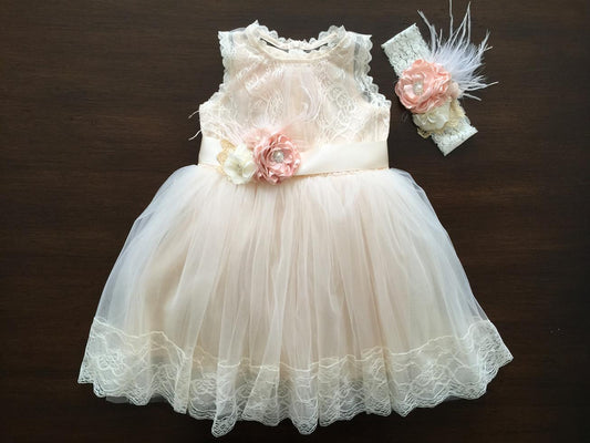 French Summer Baptism Dress with Headband and Sash