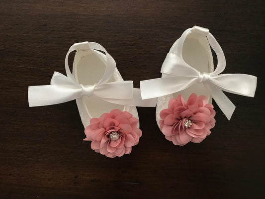 White Baby Girl Baptism Shoes with Dusty Rose Flowers