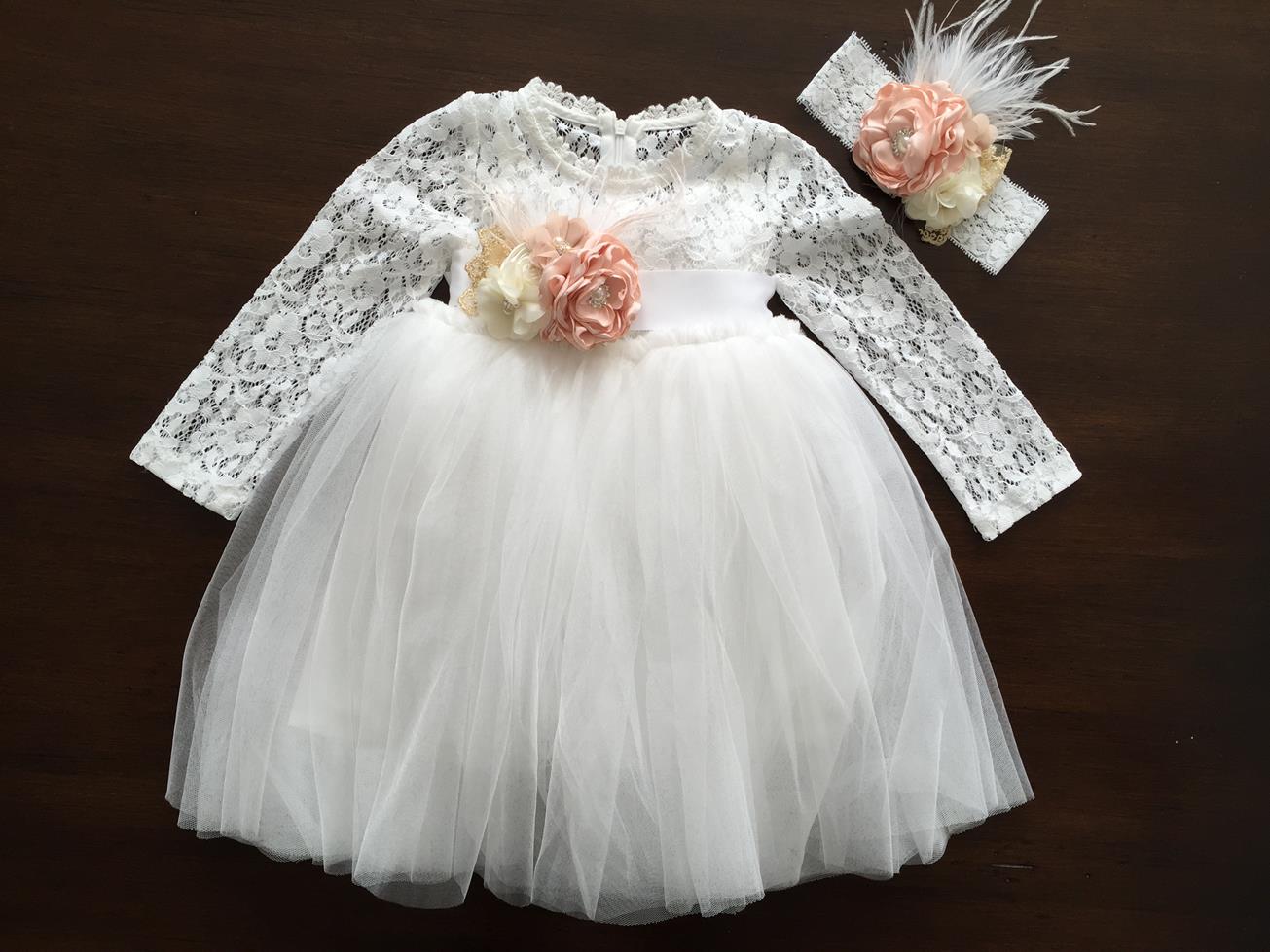 French White Ballerina Baptism Dress with Headband & Sash