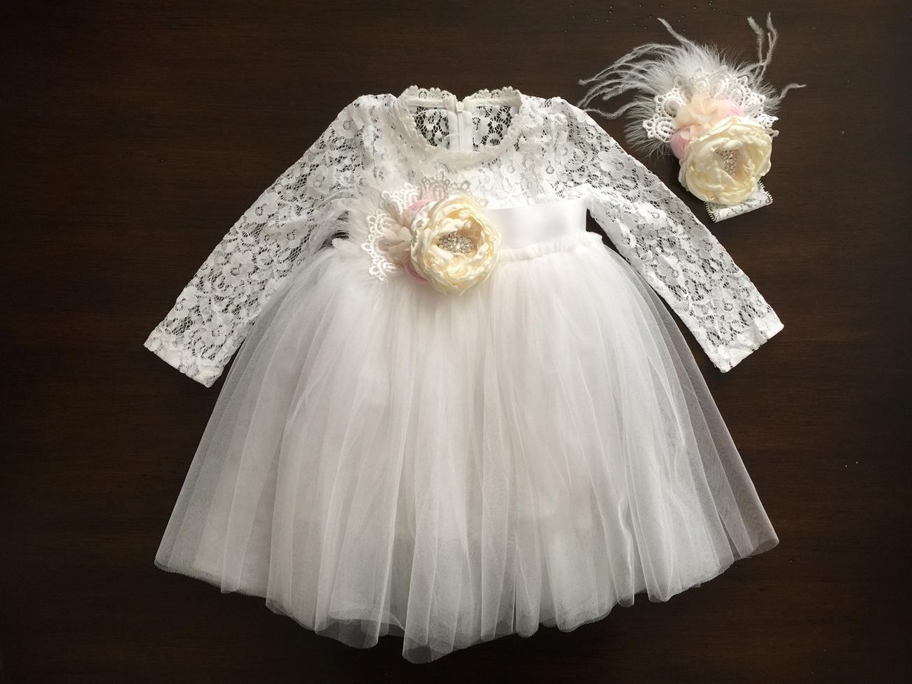 French White Ballerina Baptism Dress with Headband & Sash