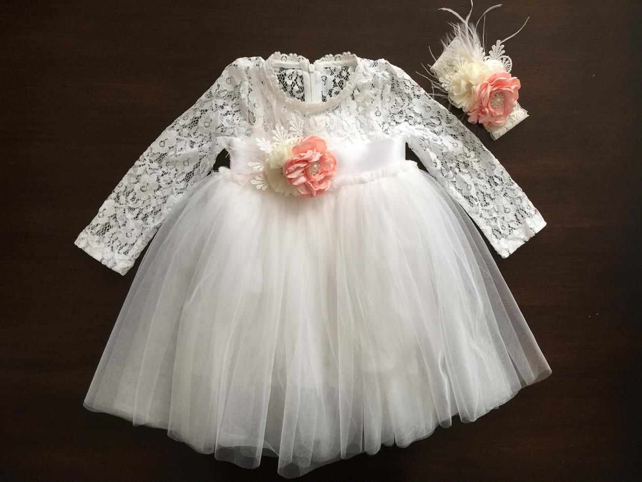 French White Ballerina Baptism Dress with Headband & Sash