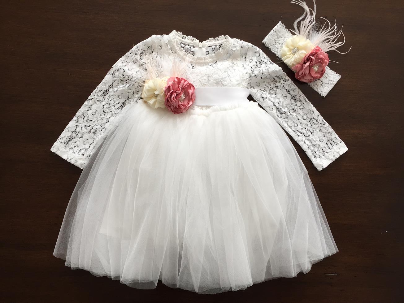 French White Ballerina Baptism Dress with Headband & Sash