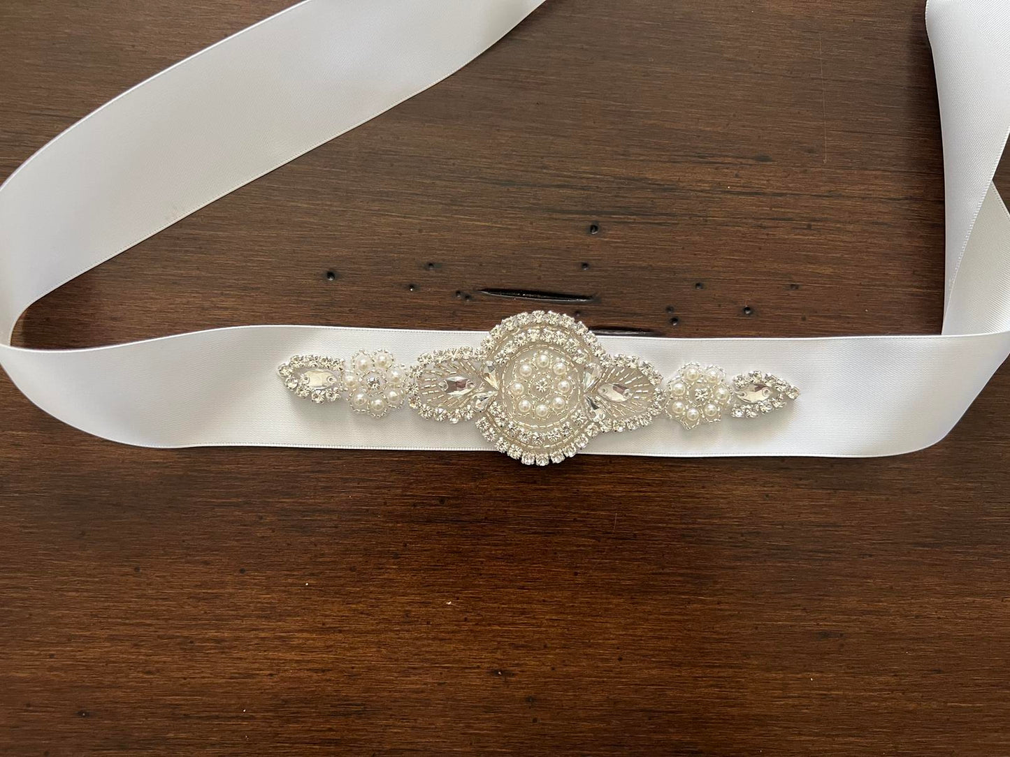 White Rhinestones & Pearls Baptism Headband & Sash