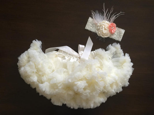 French Ivory Fluffy Baby Tutu Skirt and Headband
