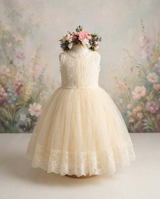 French Summer Flower Girl Dress with Spring Flower Crown