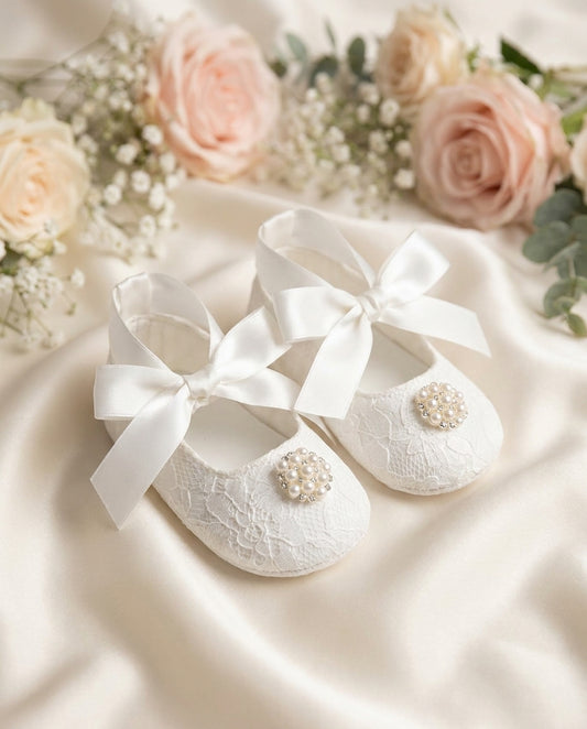 French White Baby Girl Baptism Shoes with Pearls & Rhinestones
