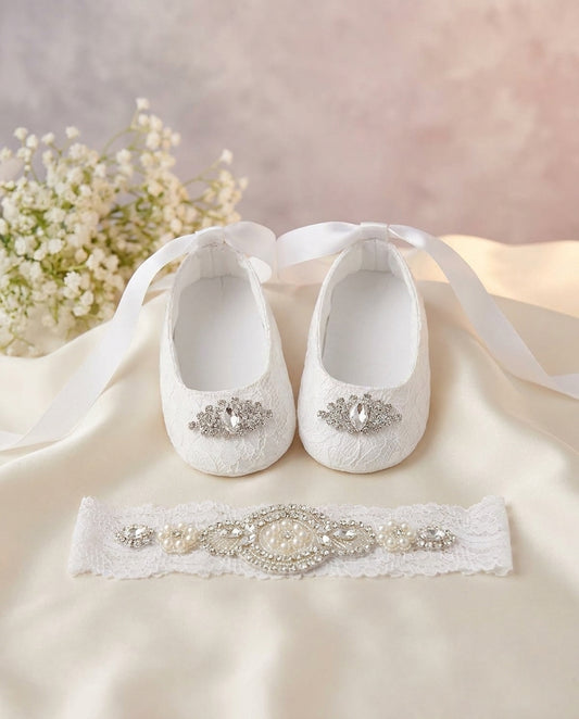 French White Baptism Lace Shoes and Rhinestones & Pearls Headband Set