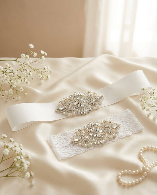 French White Baptism Rhinestone and Pearl Headband & Sash
