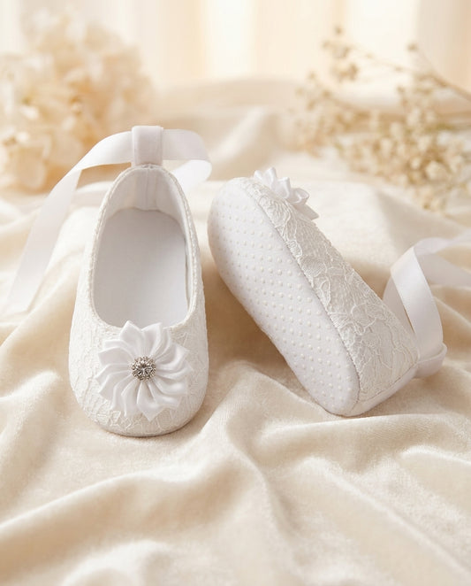 Ivory Baby Baptism Shoes with Flowers and Rhinestones