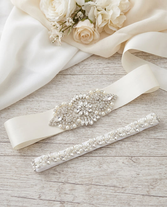 French White Christening Rhinestones and Pearl Headband & Sash