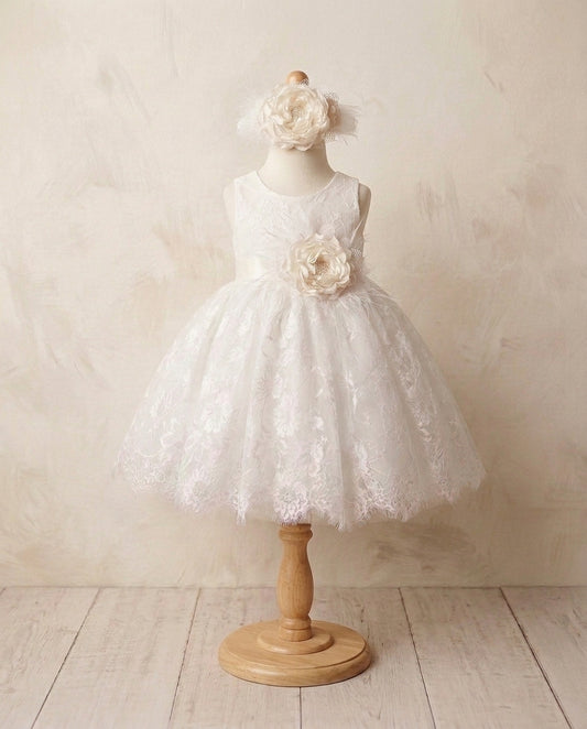 French White Lace Christening Dress with Ivory Headband