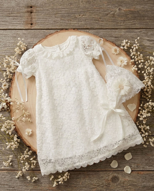 Girl French White Lace Christening Dress and Bonnet