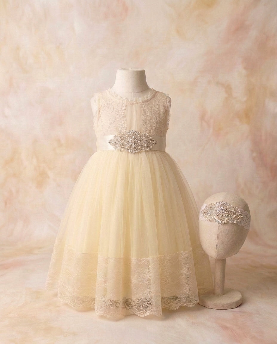 Girl Summer Flower Girl Dress with Rhinestones Headband and Sash