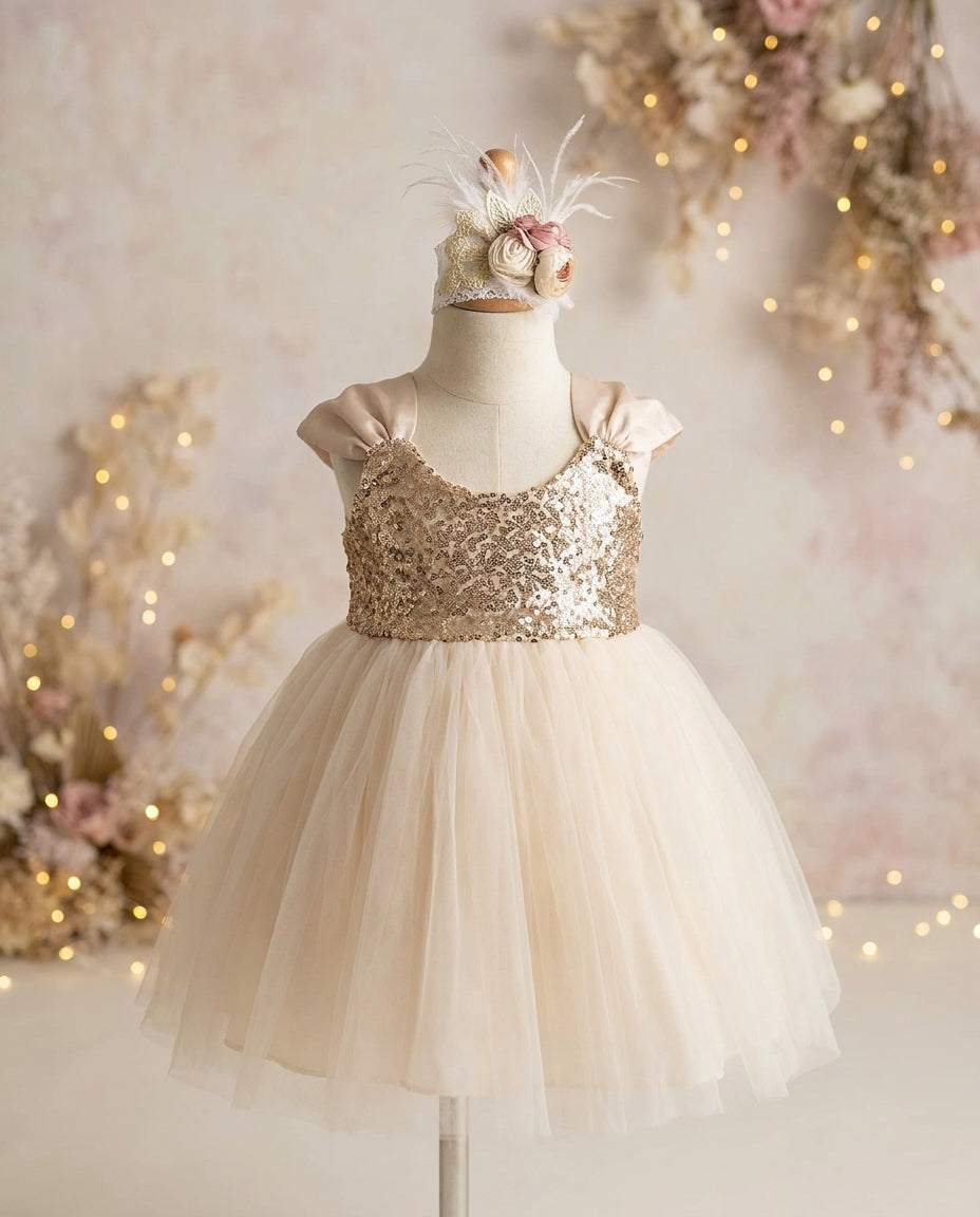 Gold Princess Flower Girl Dress with Rose Headband Champagne / 9-12 Months