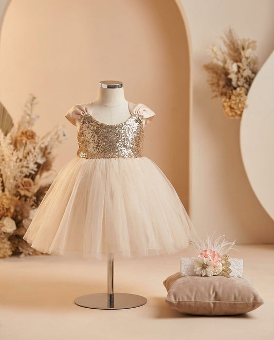 Gold Sequin Flower Girl Dress with Peach and Ivory Headband