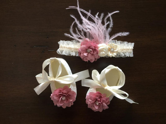 Ivory Lace Baptism Shoes and Pink Baptism Headband