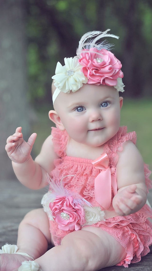Baby Smash Cake Romper, Pink Headband & Sash