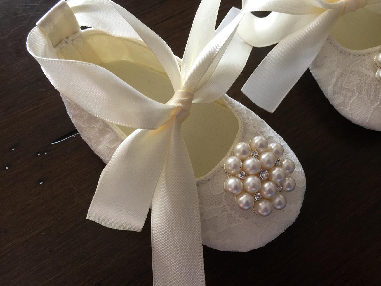 French White Baby Baptism Shoes with Pearl Rhinestones, Baby Ivory Baptism Shoes