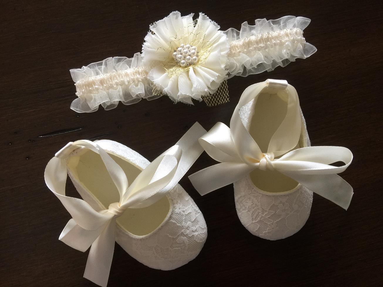 Ivory Baby Girl Baptism Shoes and Headband Set