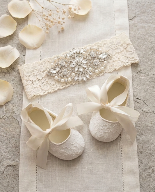 Ivory Baby Girl Christening Lace Shoes and Rhinestone Headband Set