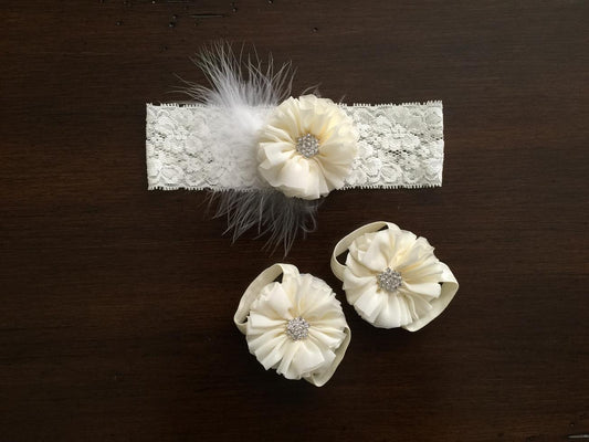 Ivory Baby Baptism Headband, Sash, and Barefoot Sandals
