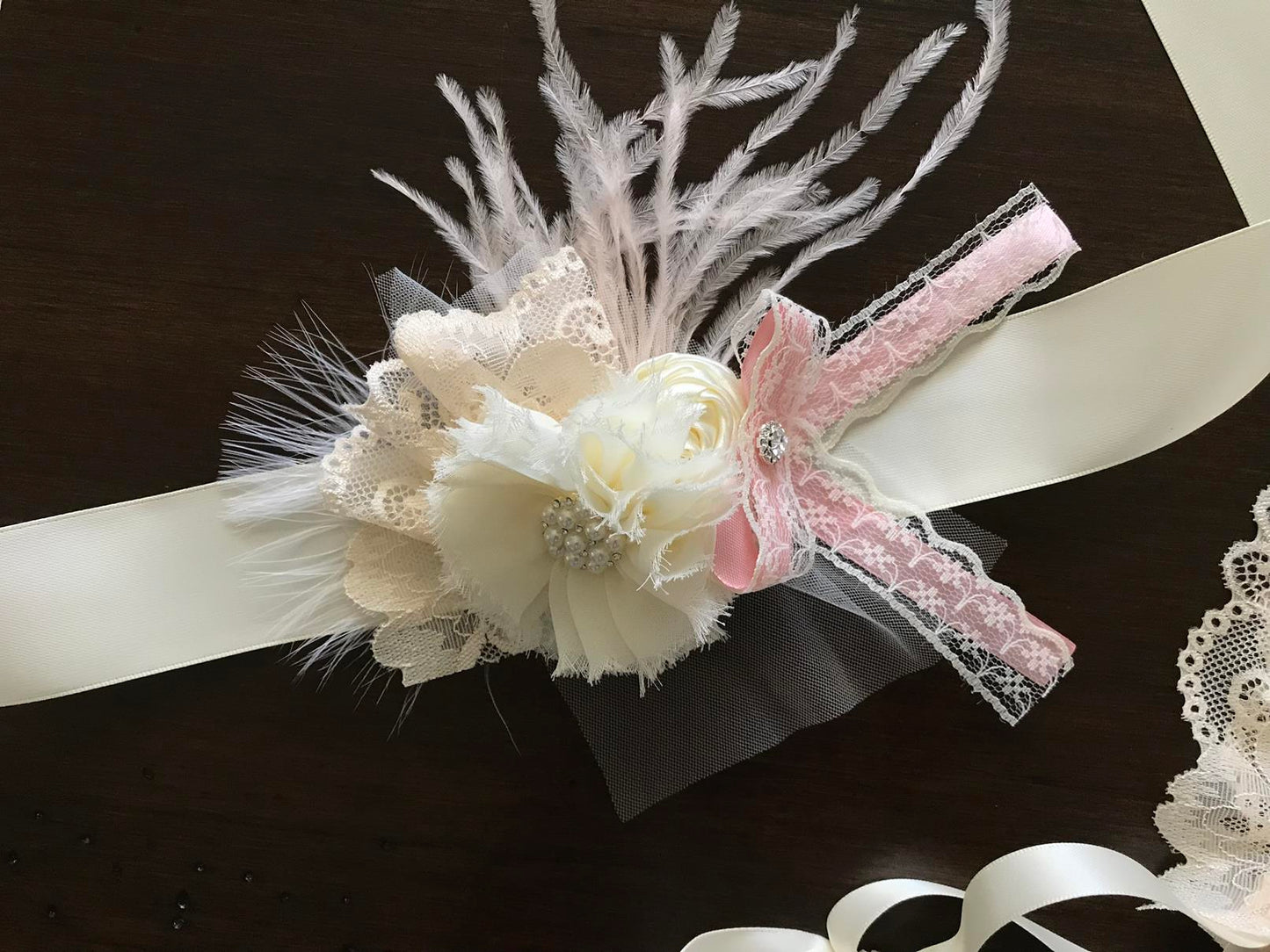 Champagne Baptism Bonnet and Ivory Flowers Baptism Sash