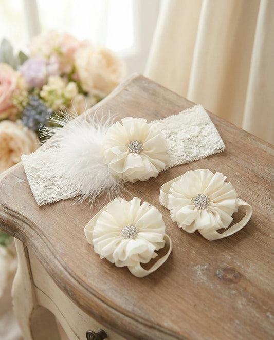 Ivory Baby Baptism Headband and Barefoot Sandals