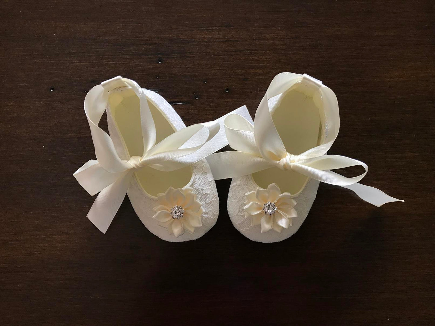 Ivory Baby Baptism Shoes with Flowers and Rhinestones