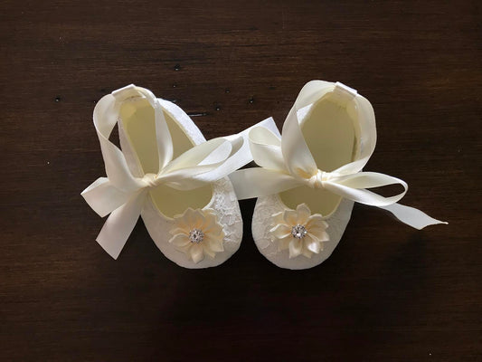 Ivory Baby Baptism Shoes with Flowers and Rhinestones