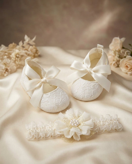 Ivory Baby Girl Baptism Shoes and Headband Set