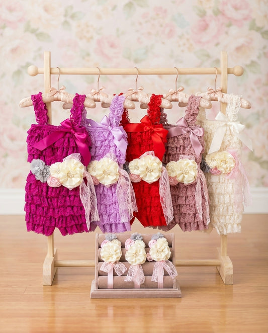 Baby Lace Romper with Ivory Headband & Sash
