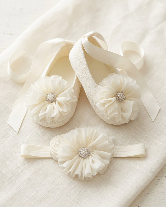 Ivory Baptism Crib Shoes & Headband Set