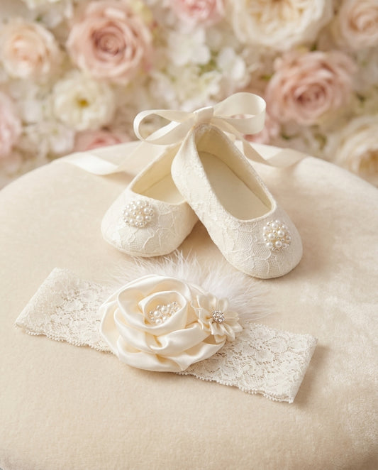 Ivory or White Baptism Crib Shoes & Rhinestone Headband Set