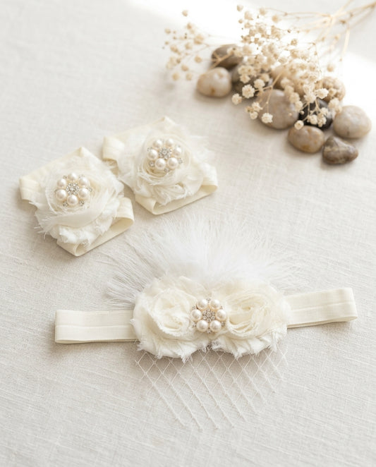 Baby Ivory Baptism Headband with Veil and Barefoot Sandals