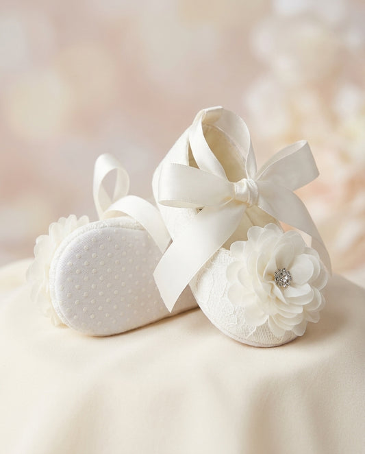 Ivory Baptism Shoes for Baby Girls with Ivory Flowers and Rhinestones
