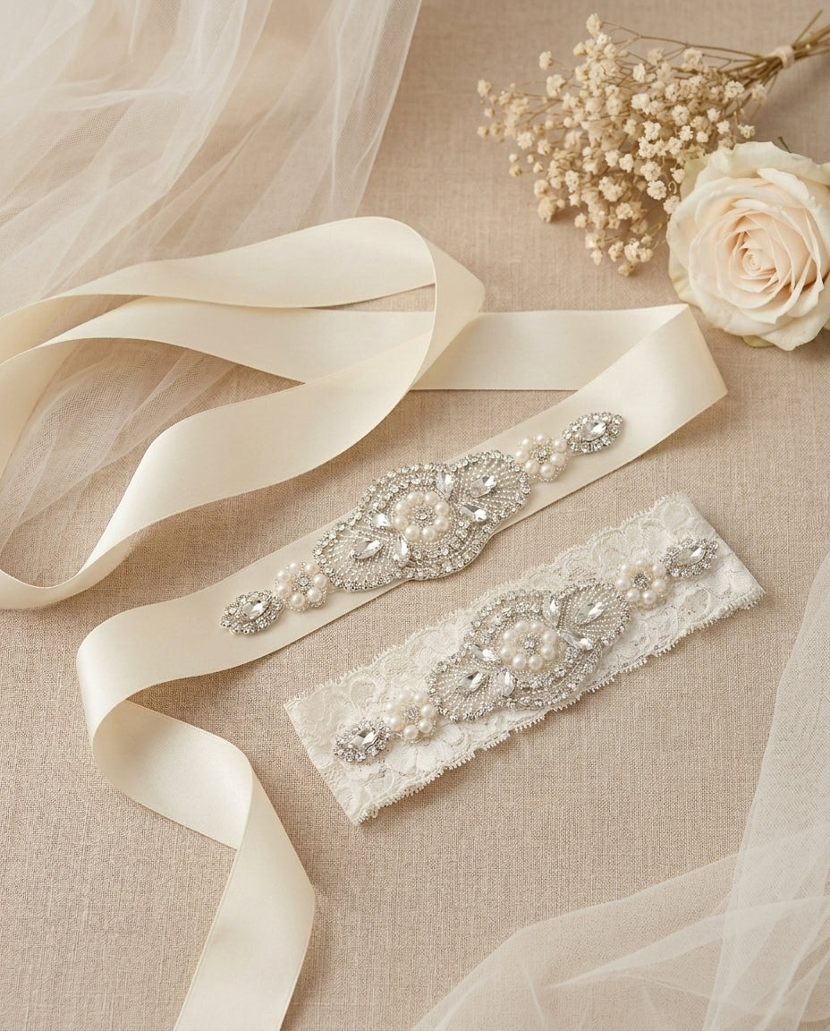 White Rhinestones & Pearls Baptism Headband & Sash