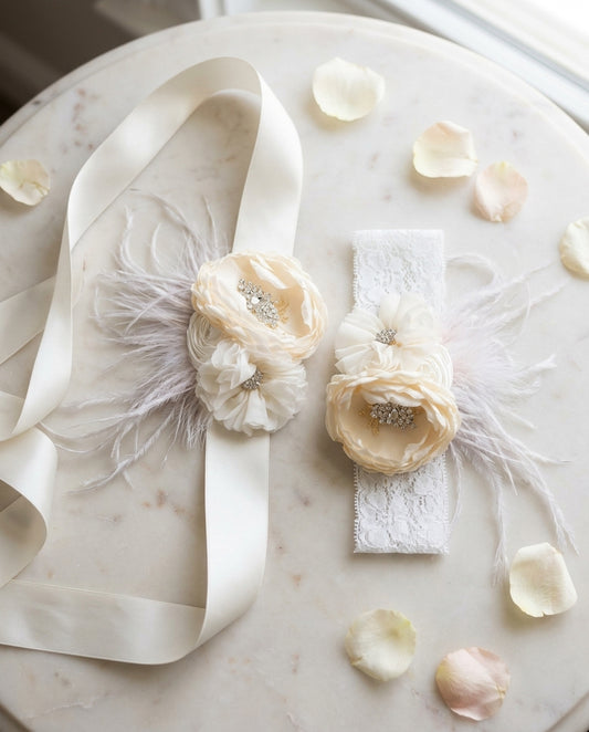 Ivory & Vintage Cream Baptism Headband & Sash