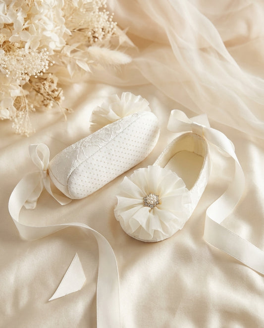 Lace Baptism Crib Shoes, Ivory Flowers & Rhinestones