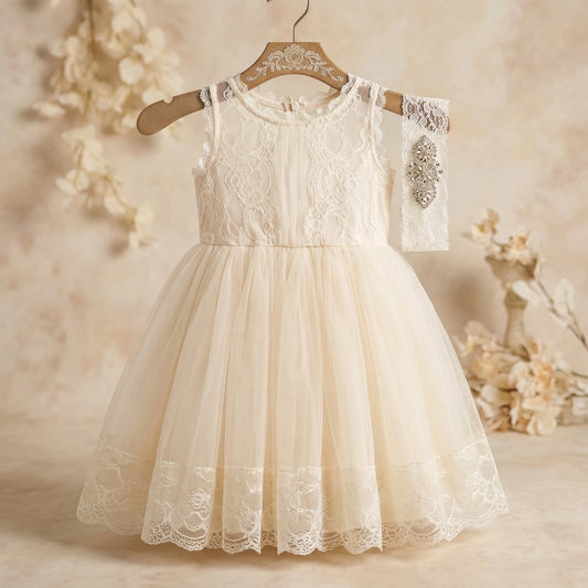 Lace Flower Girl Dress with Rhinestones Headband