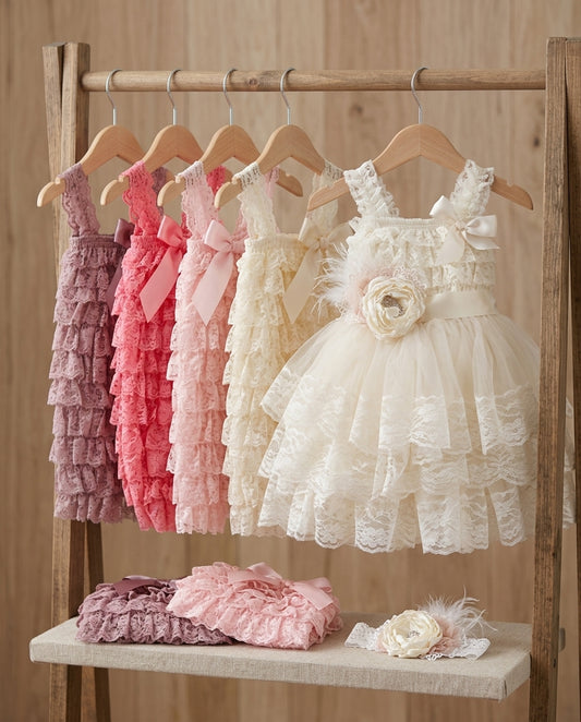 Lace Romper and Fluffy Lace Skirt with Headband & Sash Set