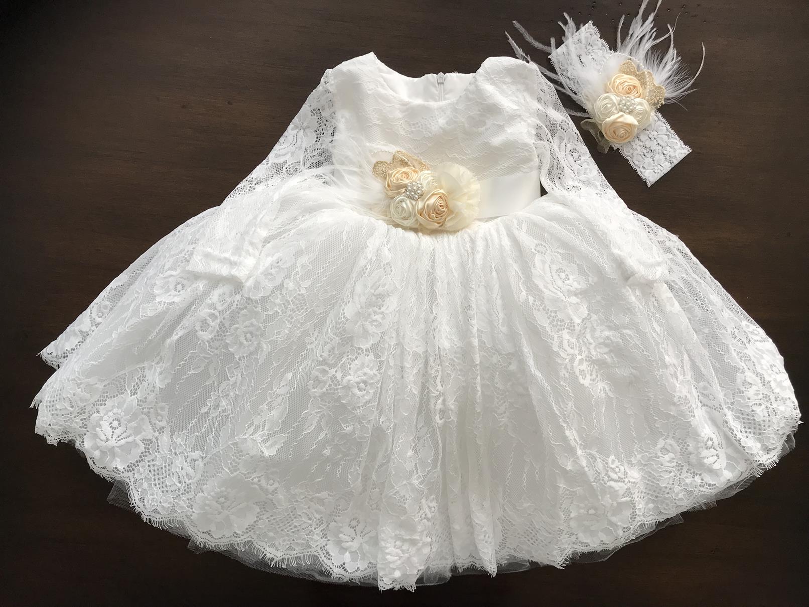 Long Sleeve White Lace Baptism Dress, Princess Lace Christening Dress French White / 2T Long Sleeve White Lace Baptism Dress, Princess Lace Christening Dress French White / 2T